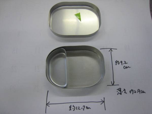 昭和の時代のお弁当箱　野バラ　小_グリーンの三角の先に小さなポチがあります