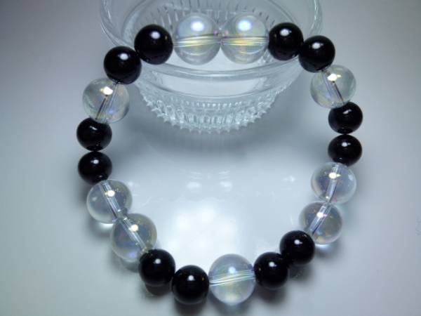 喜心-ブラックトルマリン8mm-オーロラ水晶10mm-內(nèi)徑15.5cm-天然石ブレスレット