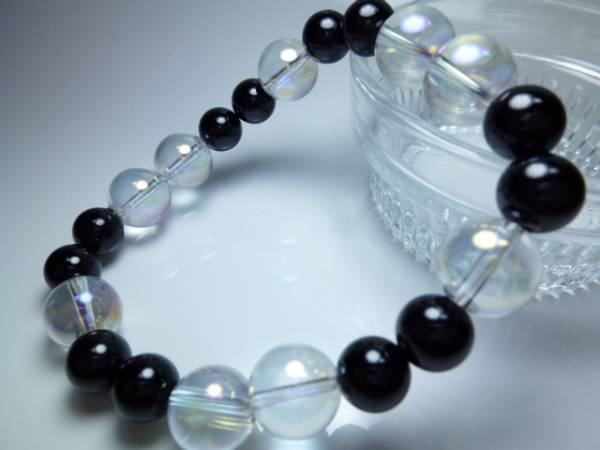 喜心-ブラックトルマリン8mm-オーロラ水晶10mm-內(nèi)徑15.5cm-天然石ブレスレット