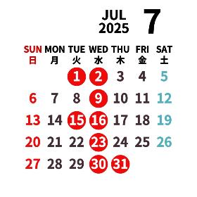 7月の営業カレンダー（赤丸が定休日です）